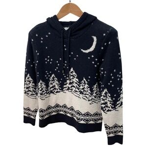 cupcakes and cashmere Womens Sz S Navy Blue Moon Star Forest Winterscape Sweater